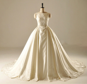 Boat Neck Pleat Skirt Wedding Gown